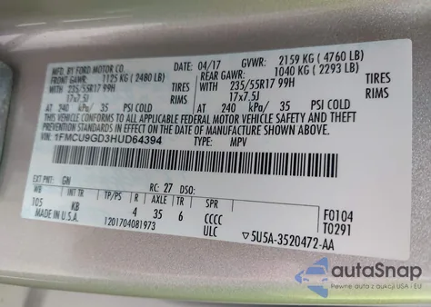 2017 Ford Escape Se z USA, uszkodzony, nr VIN 1FMCU9GD3HUD64394